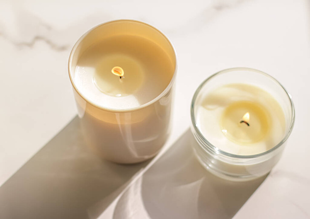 Scented candles collection as luxury spa background and bathroom home decor, organic aroma candle for aromatherapy and relaxed atmosphere, beauty and wellness - Fotó, kép
