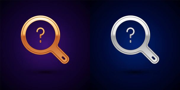 Gold and silver Unknown search icon isolated on black background. Magnifying glass and question mark. Vector - Vector, Image