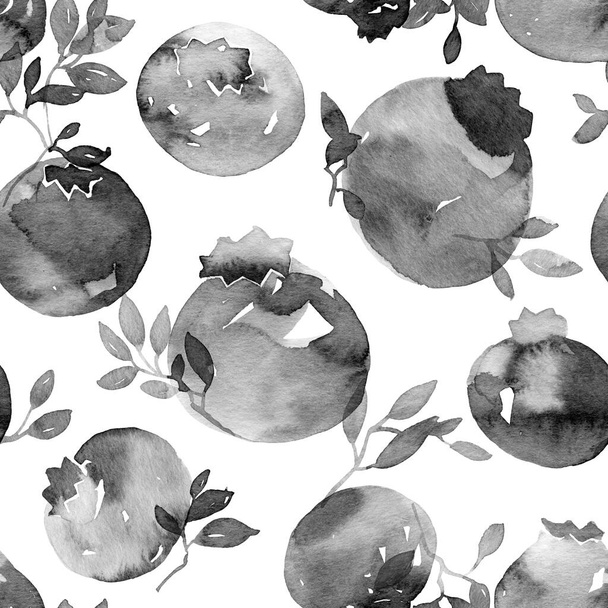 Black ink illustration of blackberries - grayscale painting on white background. Oriental traditional painting in style sumi-e or gohua. Seamless pattern. - Foto, Imagem