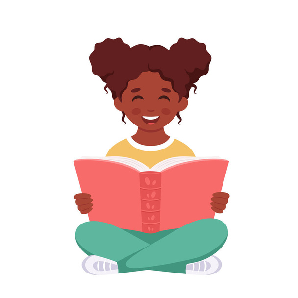 Une fille noire lisant un livre. Une fille qui étudie avec un livre. Illustration vectorielle - Vecteur, image