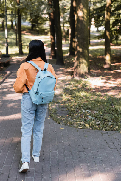 back view of student in jeans walking in park with backpack - Фото, зображення