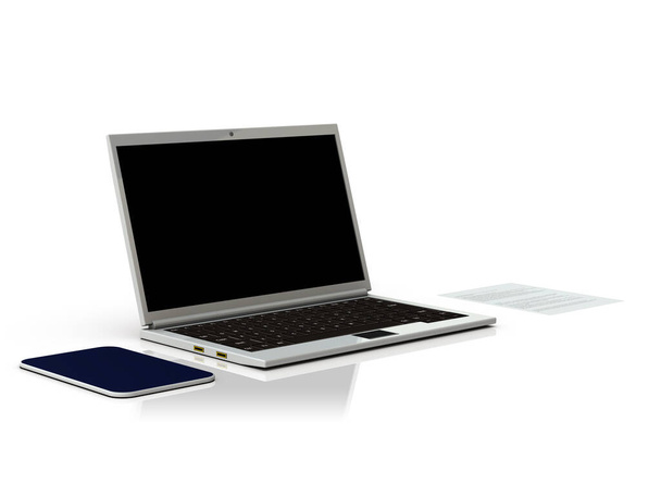 Απλοί φορητοί υπολογιστές και tablet. Η οθόνη είναι κενή. Τερματικό πληροφοριακού εξοπλισμού. 3D απόδοση. Λευκό φόντο.  - Φωτογραφία, εικόνα