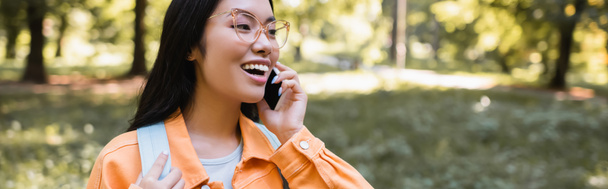 excited asian woman in eyeglasses talking on smartphone in park, banner - Фото, зображення