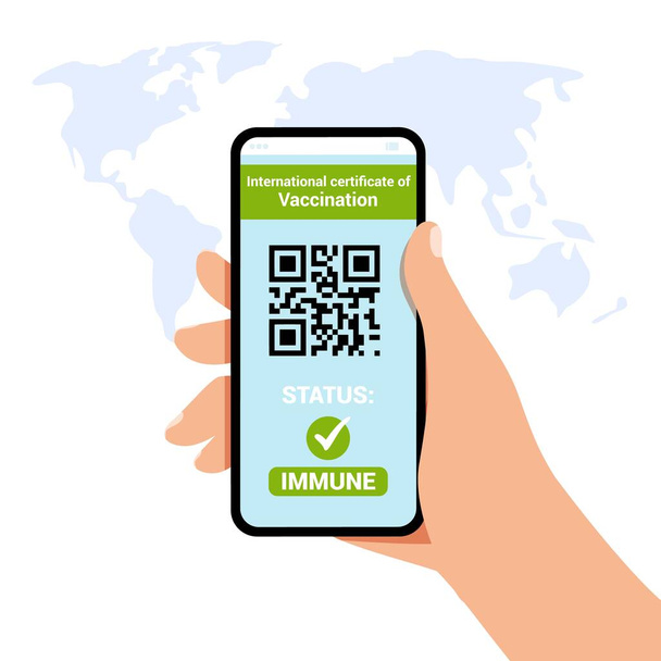 Health passport of vaccination on mobile phone screen with qr-code Test for coronavirus infection International vaccination certificate app with on-line tracking virus infection immune Travel concept - Vector, Image