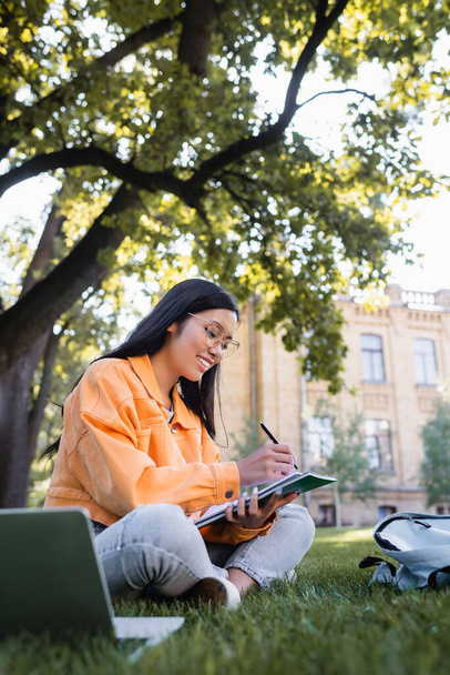 alegre asiático mulher sentado no parque e escrevendo no notebook perto laptop - Foto, Imagem