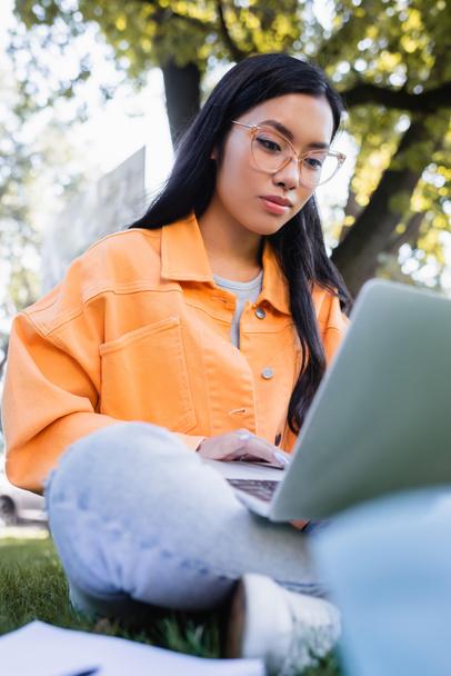 asian student in eyeglasses using laptop in park, blurred foreground - Foto, Imagen