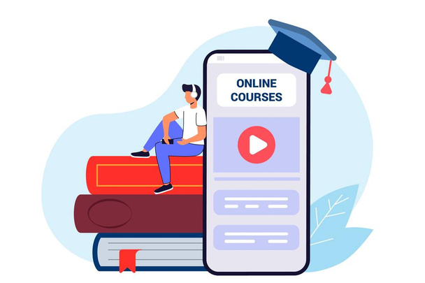 Studying Training E-learning Courses University Graduating People studying at home Online education concept Flat vector illustration Audiobooks for education Online language school lifestyle - Vector, Image