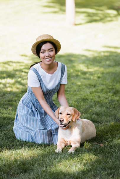 公園の芝生の上で犬の近くにカメラを見て縞模様のサンドレスを着た陽気なアジアの女性 - 写真・画像