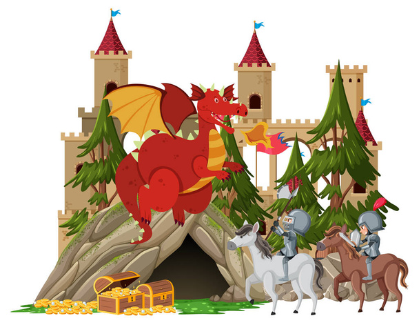Chevaliers se battent avec dragon à l'illustration du château - Vecteur, image