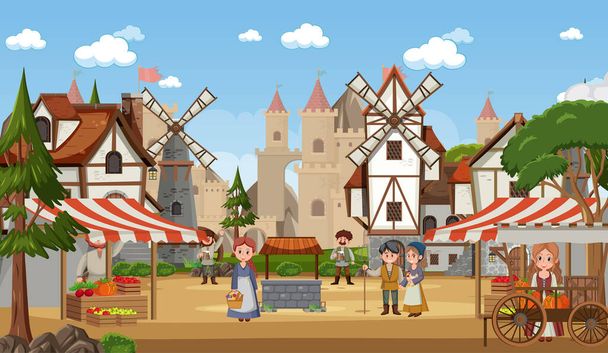 Μεσαιωνική πόλη σκηνή με τους χωρικούς στην αγορά εικονογράφηση θέση - Διάνυσμα, εικόνα