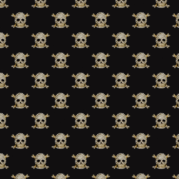 Seamless halloween pattern. Golden skull with rhinestones on black background. Happy hallowen holiday concept. - Foto, Imagem