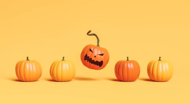 fila de calabazas con uno de ellos saltando con la cara enojada. concepto de Halloween y llegada del otoño. renderizado 3d - Foto, Imagen