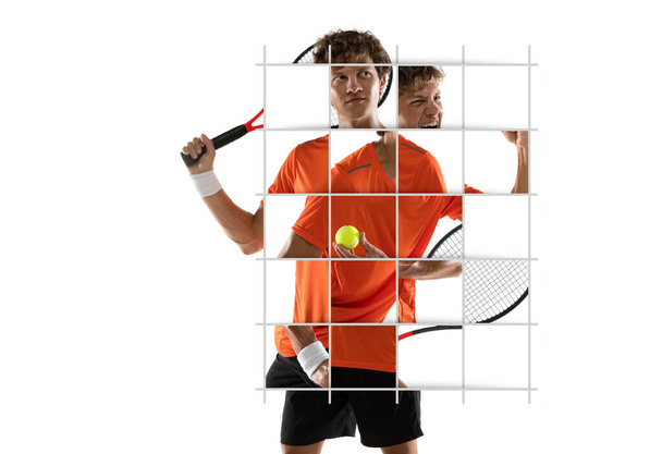 Imagen artística de un joven tenista aislado sobre fondo blanco. Retratos rompecabezas collage - Foto, Imagen