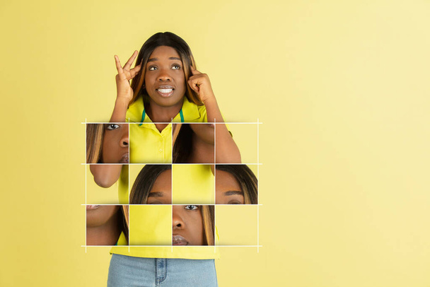 collage de arte de joven hermosa chica africana aislado sobre fondo amarillo. Disposición caótica de las partes de la cara, efecto rompecabezas - Foto, Imagen