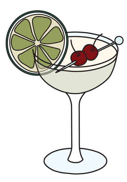 Hemingway Special classic IBA listed cocktail in flute glass. A rum based drink garnished a slice of lime and cherries. Stylish hand-drawn doodle cartoon hipster style vector illustration - Vector, Image
