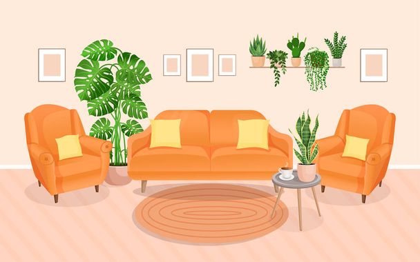 Moderne Wohnzimmereinrichtung mit Möbeln und heimischen Pflanzen. Gestaltung eines gemütlichen Zimmers mit Sofa, Sesseln, Pflanzen und Dekorationsartikeln. Vektorflache Illustration. Aufenthaltsraum - Vektor, Bild