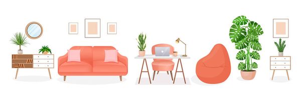 Design of a cozy room for working from home. Office with computer, workplace room, cabinet. Modern living room interior with furniture and house plants. Vector flat style illustration - Vector, Image