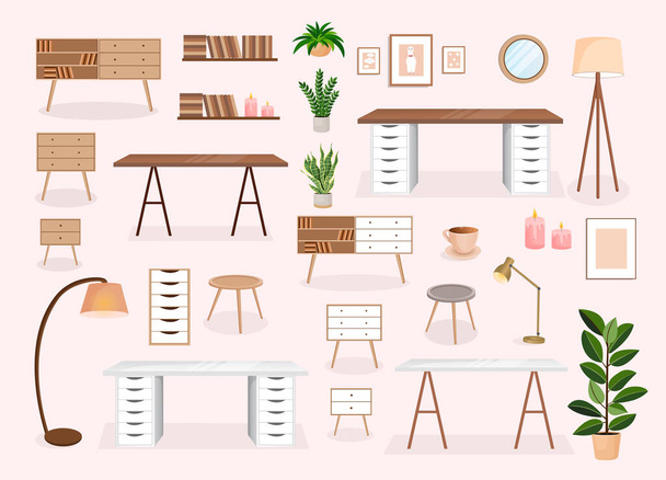 Set of furniture for the bedroom, hallway, living room, office. Collection of items for the interior of an apartment, office, home. Vector illustration in flat cartoon style. Housing elements - Vector, Image