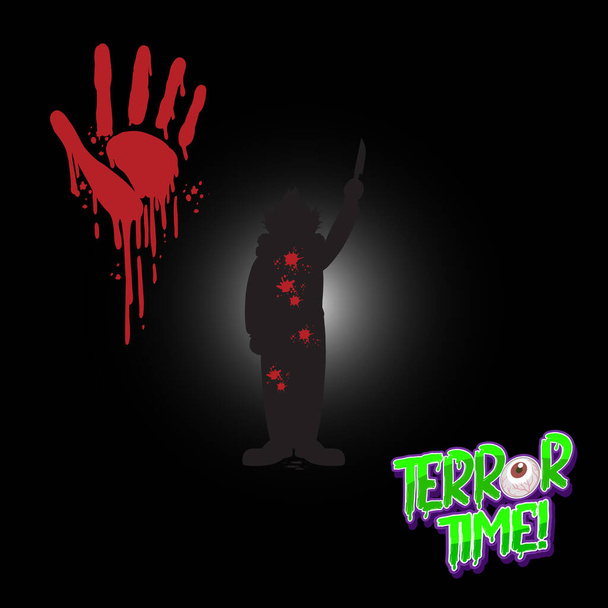 Terror Time logo with bloody hand print and clown silhouette illustration - Vector, Image