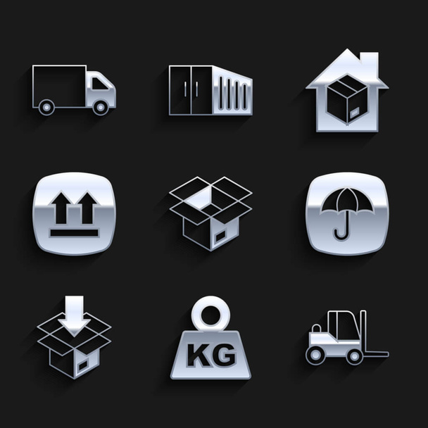Set Unboxing, Weight, Forklift truck, Delivery package with umbrella, Carton cardboard, This side up, Home delivery services and cargo icon. Vector - Vector, Image