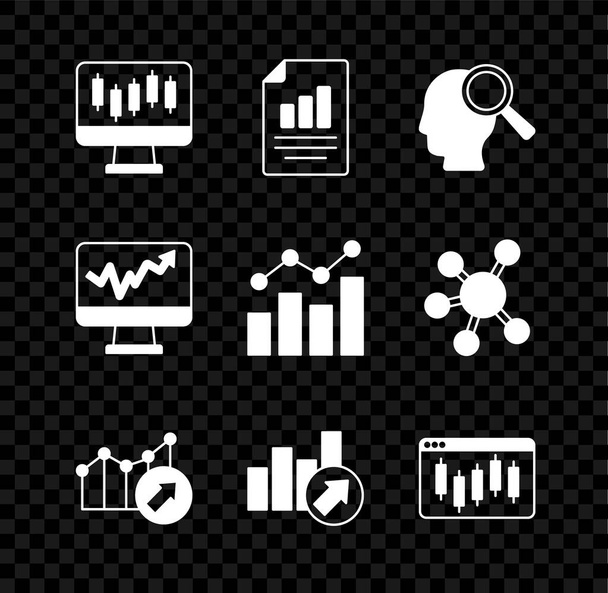 Stel aandelen marktgroei grafieken, Document met grafiek, Zoek mensen, Financiële, Browser aandelen, Monitor en pictogram. Vector - Vector, afbeelding