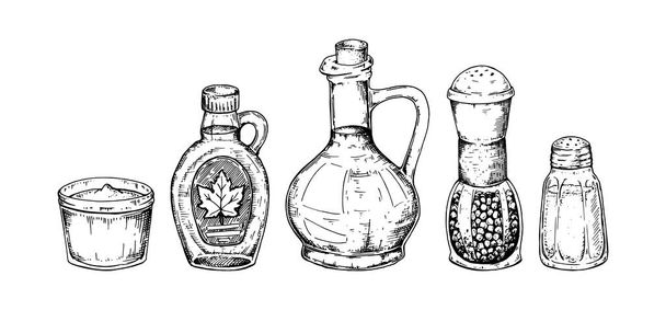 Conjunto de condimentos dibujados a mano. Ilustración vectorial en estilo de boceto - Vector, imagen