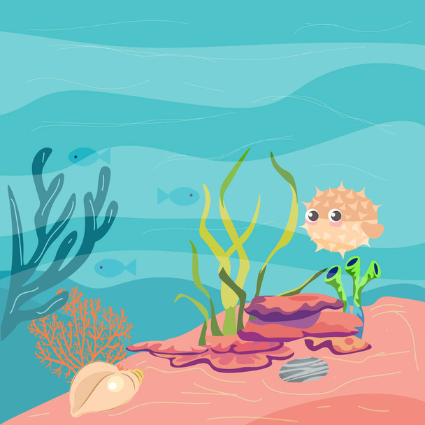 A sketch of a section of the seabed, sand and stones, beautiful marine life, bright fish and corals. Vector illustration - Вектор, зображення
