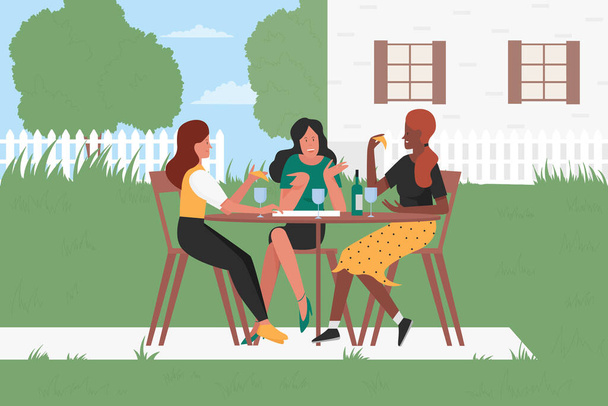 Друзья пьют вино из стаканов на летнем заднем дворе, соседи веселятся на домашней вечеринке - Вектор,изображение