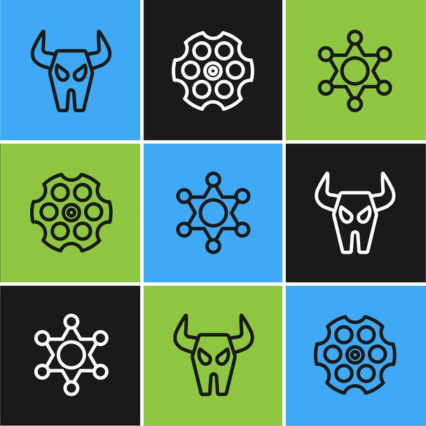 Definir linha de crânio de búfalo, Xerife Hexagram e ícone de cilindro revólver. Vetor - Vetor, Imagem