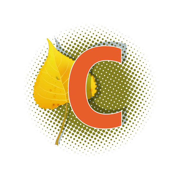 Herbst-3D-Pop-Art-Alphabet - farbenfroher fetter Buchstabe C und Espenblatt auf halbem Hintergrund. Mehrschichtige lustige Vektorbuchstaben im Retro-Comic-Stil für Dekorationswebseiten, Poster, Comics und Banner. - Vektor, Bild
