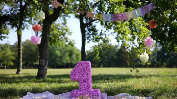 カラフルな紙の旗と手作りの紙のピンクの番号1でテキスト幸せな誕生日公園で. - 映像、動画