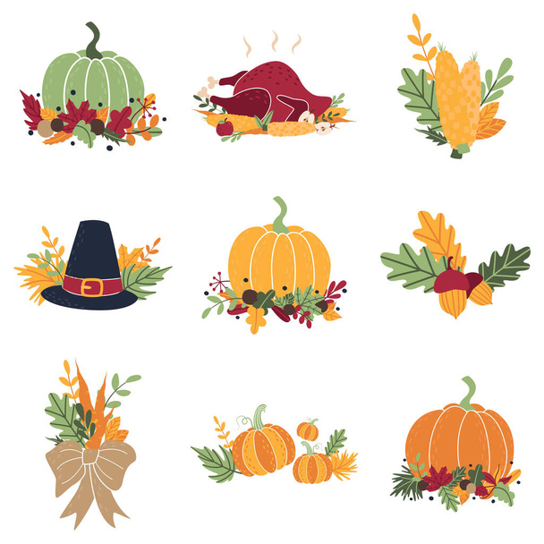 Collection of simple doodle flat clipart for Thanksgiving, harvest day, Halloween. Set of autumn cartoon stickers with pumpkins, turkey, corn, carrots, pilgrim's hat, acorns and fallen leaves. - Vector, Image