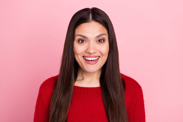 Photo of excited crazy lovely girl wow sale reaction beaming smile wear red sweater isolated pink color background - Φωτογραφία, εικόνα