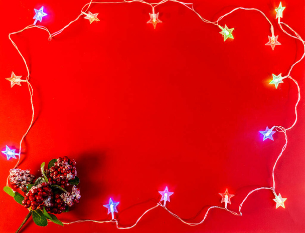christmas and new year flat lay with copy space on red background - Foto, afbeelding