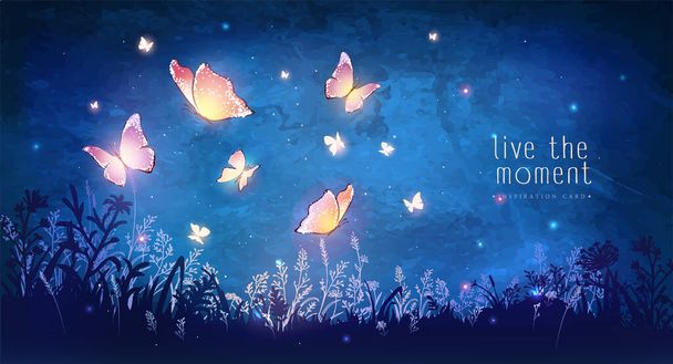 Ilustración vectorial con mágicas mariposas brillantes volando en el jardín por la noche. Tarjeta de inspiración. - Vector, Imagen