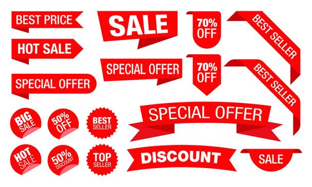 A collection of red ribbon label. Suitable for design elements of retail stores, online shop, and promotion of store products for sale. Discount label set. - Vecteur, image