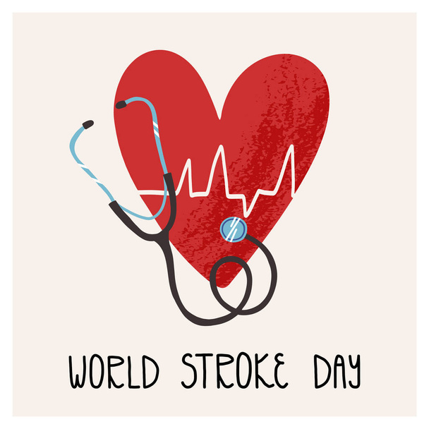 Wereld slag dagkaart, spandoek. Met de hand getekend hart met hartslag cardiogram en professionele medische stethoscoop. - Vector, afbeelding