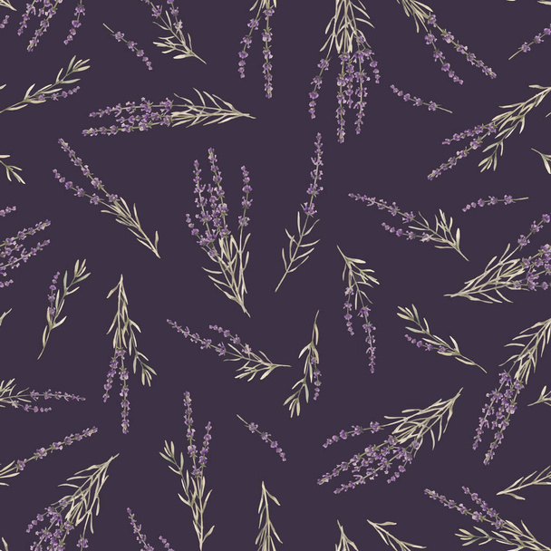 Beautiful vector seamless floral provence pattern with watercolor hand drawn gentle lavander flowers. Stock illustration. - Wektor, obraz