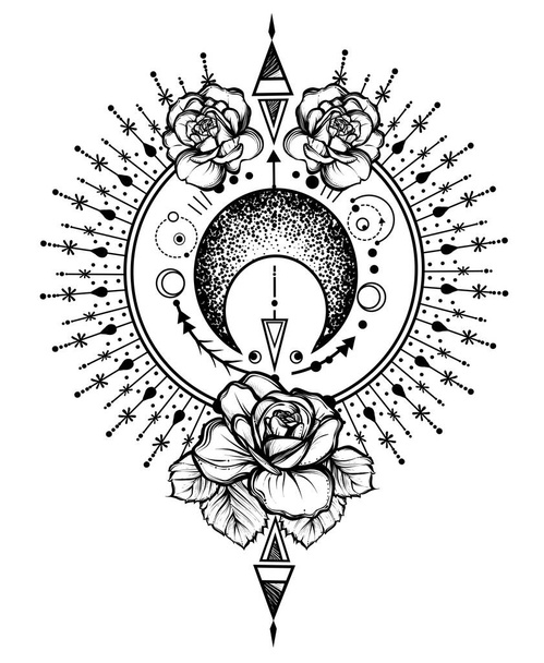 Vector illustration, astronomical geometry, moon, stars, roses, print on t-shirt, Handmade, tattoo - Vektör, Görsel