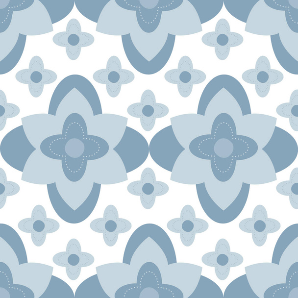 Quatrefoil gestileerde bloemen naadloze vector patroon achtergrond. Azulejo stijl achtergrond met historische folie motieven. Delfts blauw duotone decoratief oosters moorish design. Arabesque herhalen voor wellness - Vector, afbeelding