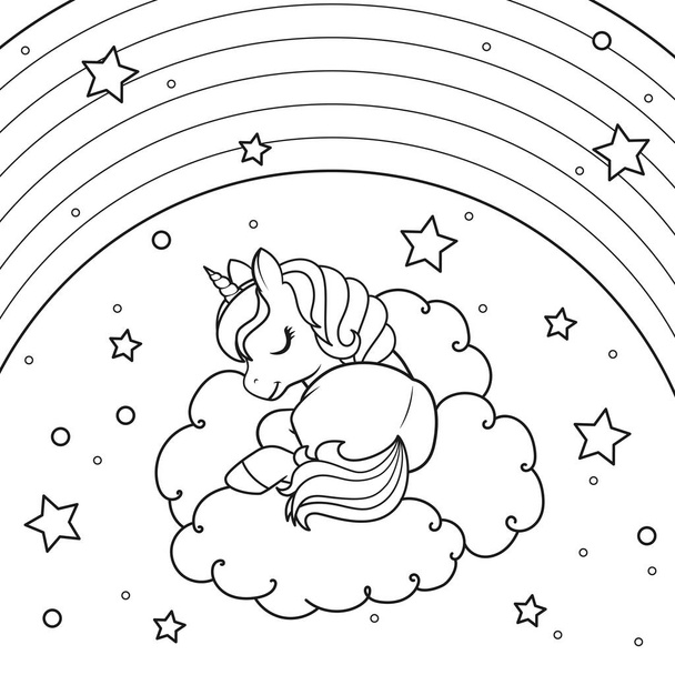 Єдиноріг спить на хмарі на тлі зоряного неба та веселки. Сторінка розмальовки. Векторні ілюстрації на білому тлі
. - Вектор, зображення