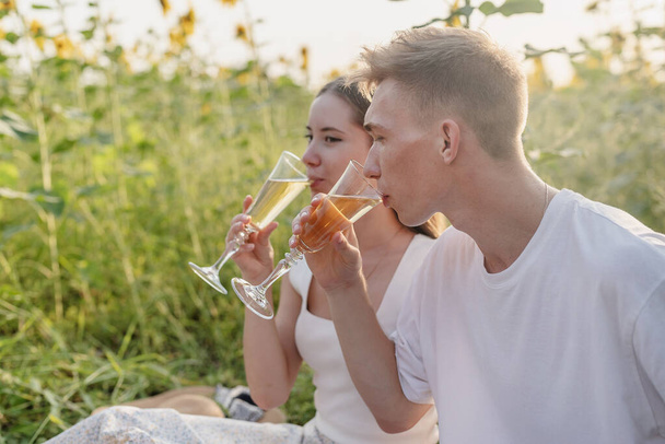 Günbatımında ayçiçeği tarlasında piknik yapan genç çift şampanya içiyor. - Fotoğraf, Görsel