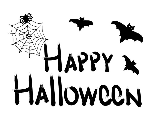 illust, tarjeta de vacaciones de otoño, murciélagos, araña en telarañas y letras negras Feliz Halloween sobre fondo blanco, para pancartas, carteles - Vector, imagen
