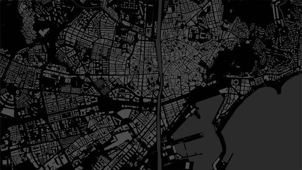 Donker zwart Malaga Stadsgebied vector achtergrond kaart, straten en water cartografie illustratie. Breedbeeldverhouding, digitale plattegrond. - Vector, afbeelding