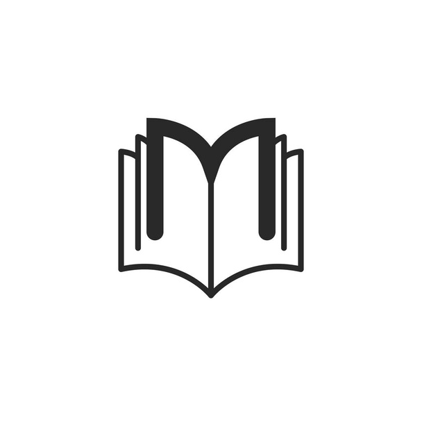 Logó nyomda vagy oktatási enciklopédia Nyitott könyv körvonalazott betűkkel M, fekete-fehér magazin szimbólum vagy iskolai könyvtár. - Vektor, kép