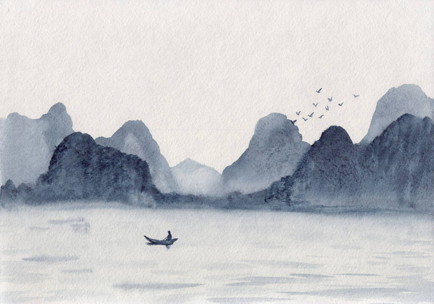 Watercolor painting with mountains, river, fisherman boat and birds. Asian serene landscape Illustration. Oriental drawing with layers of rocks. Concept for restore meditation background, card, print. - Photo, Image