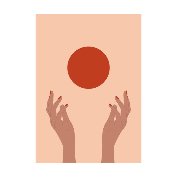 Boho poster. Hands holding sun contemporary minimalist art background, mid century wall decor. Vector illustration - ベクター画像