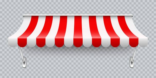 Shop sunshade with metal mount. Realistic red striped cafe awning. Outdoor market tent. Roof canopy. Summer street store. Vector illustration. - Vector, Image