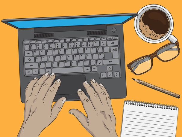 Spazio di lavoro con computer portatile, notebook e una tazza di caffè. Le mani maschili stanno digitando il testo sulla tastiera. - Vettoriali, immagini