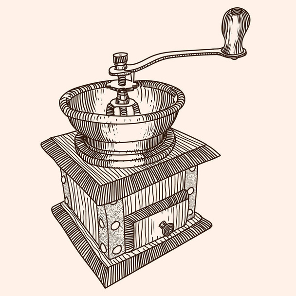 Manuelle Kaffeemühle aus Holz mit einer Schüssel für Kaffeebohnen. Schnelle lineare Skizze. - Vektor, Bild